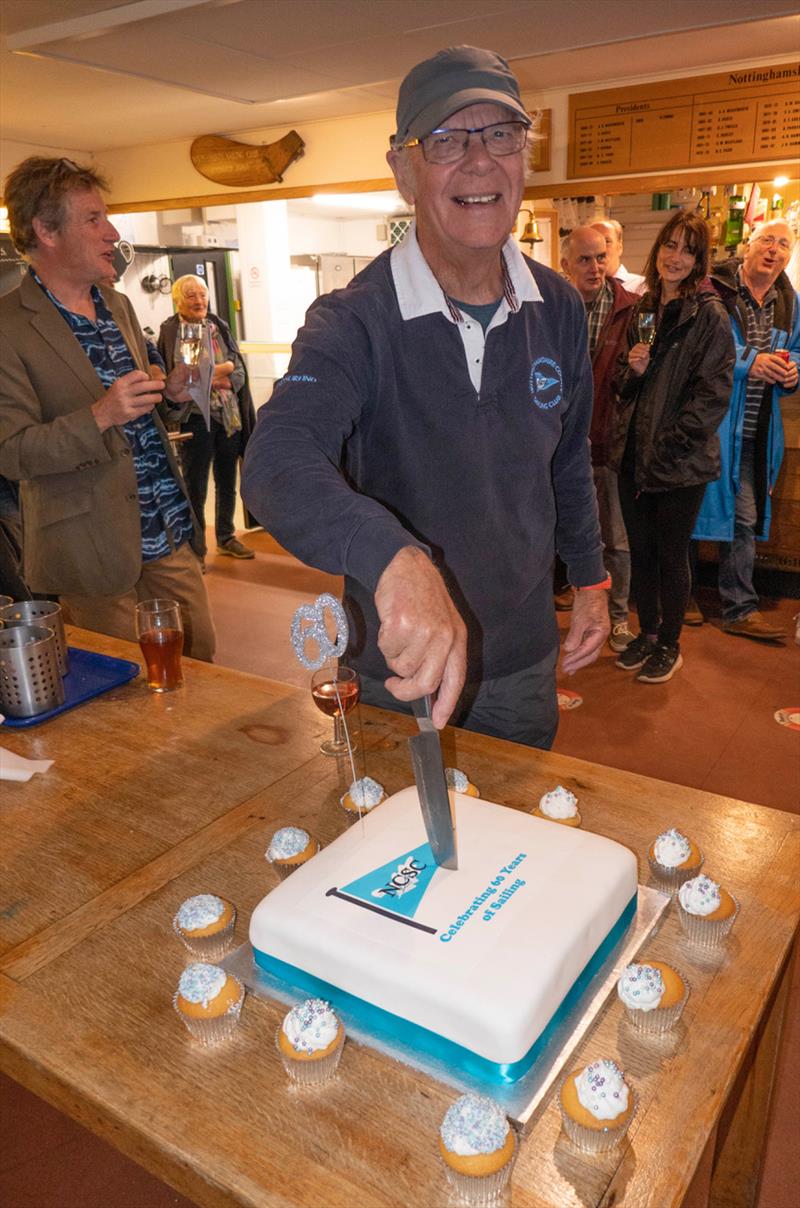 Preseident Russ Towns cutting the cake at Notts County Sailing Club 60th Cenebrations - photo © David Eberlin