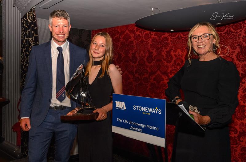 : Stu Bithell, Katie McCabe with her YJA Stoneways Marine Young Sailor of the Year trophy, and Shirley Roberton OBE photo copyright Sam Kurtul / www.worldofthelens.co.uk taken at 