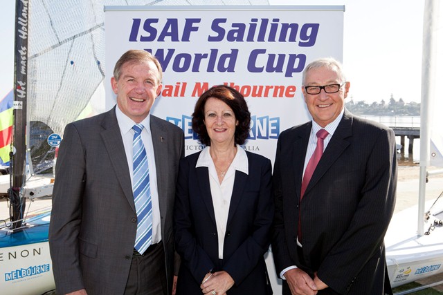 Melbourne wins bid to host ISAF Sailing World Cup 2013 - 2016 (l to r) Minister Delahunty, Minister Asher, Bruce Griffiths photo copyright SDP Media taken at 