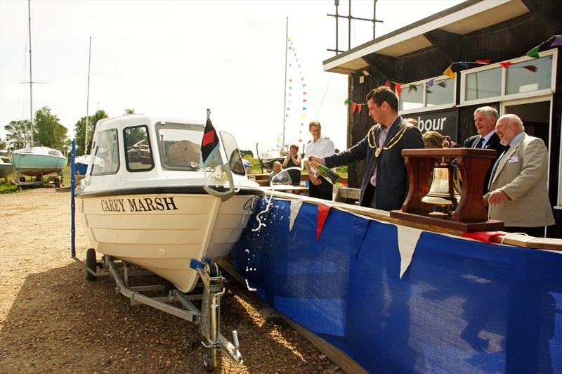 Mayor Shaun Rogers officially launches Carey Marsh watched on by RHSC Commodore, Bill Lewis (light coloured jacket), club president Carey Marsh (dark blazer) and Rye Harbour Master, James Bateman, in uniform photo copyright Richard Cooper / Rye Harbour SC taken at Rye Harbour Sailing Club