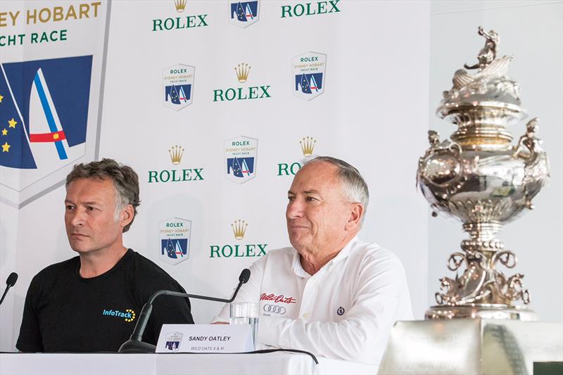 Christian Beck, Sandy Oatley and the Tattersall Cup at the RSHYR Launch photo copyright Andrea Francolini taken at Cruising Yacht Club of Australia