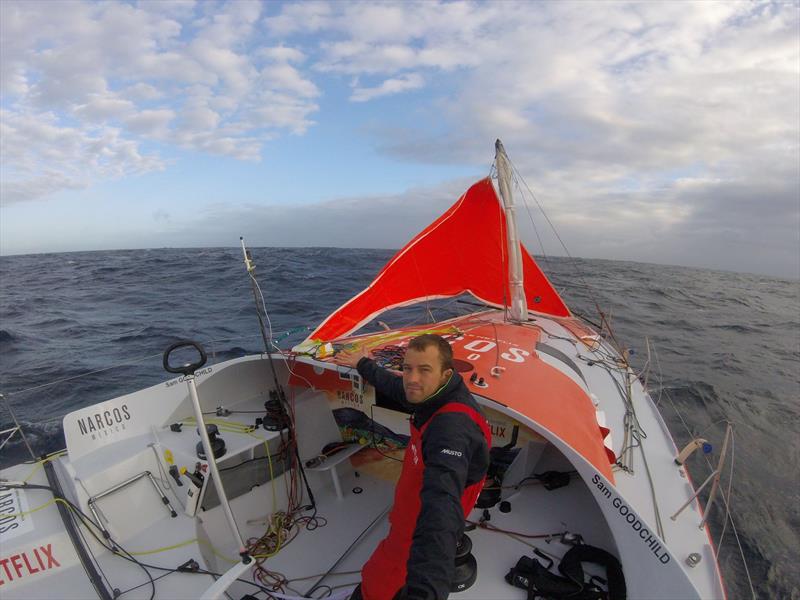 Sam Goodchild under jury rig photo copyright Route du Rhum taken at 