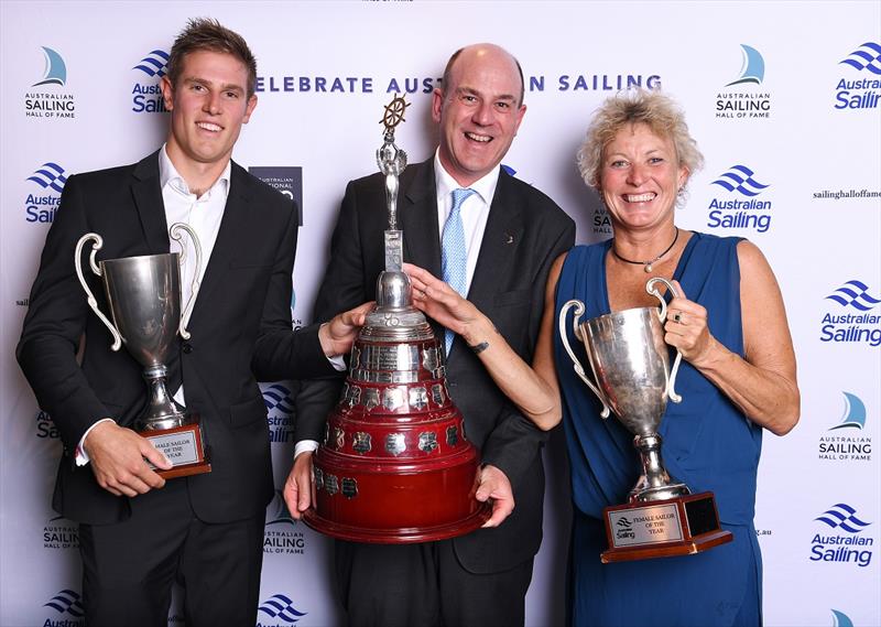 Matt Wearn, Male Sailor winner Australian Sailing President Matt Allen, Wendy Tuck, Female Sailor and inaugural Offshore Sailor of the Year winner - 2018 Aust Sailing Awards photo copyright Gregg Porteous taken at Royal Melbourne Yacht Squadron