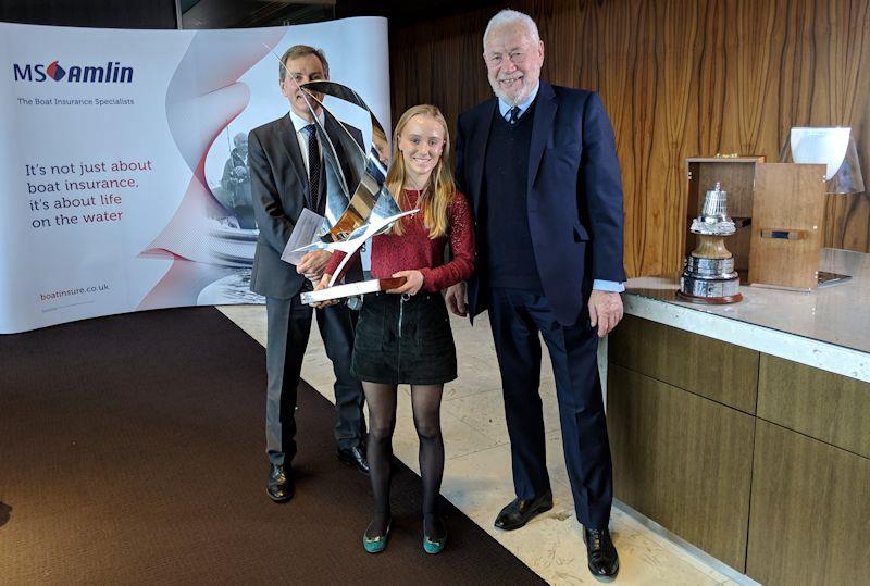 Emily Mueller is presented with the YJA Young Sailor of the Year Award 2018 by Sir Robin Knox-Johnston photo copyright Yachting Journalists' Association taken at 