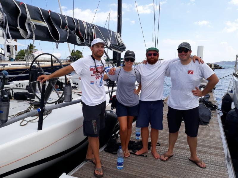 Crew Joseph Waites (2nd from R) claims White Rhino 2  `one fast ride!` - BVI Spring Regatta photo copyright Michelle Slade / BVISR taken at Royal BVI Yacht Club