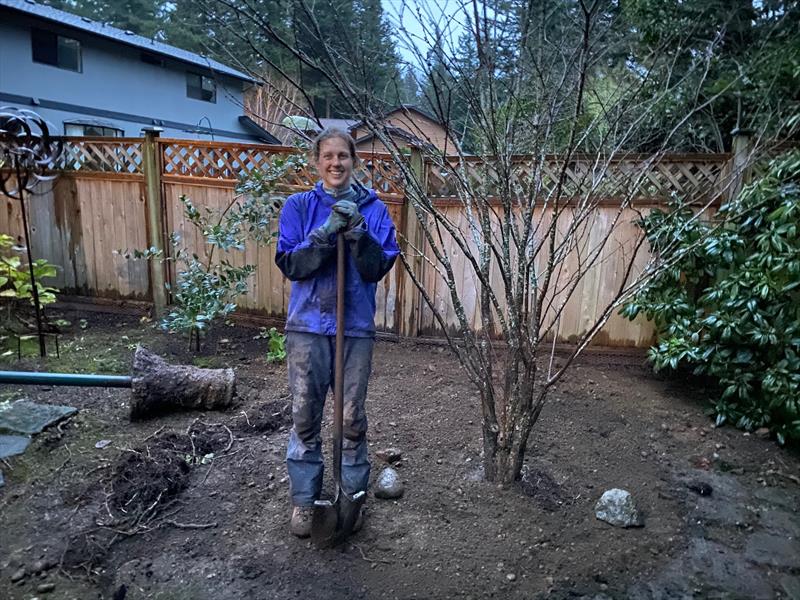 The author's wife, celebrating a hopefully successful tree-rescue mission in 2021 photo copyright David Schmidt taken at Bellingham Yacht Club