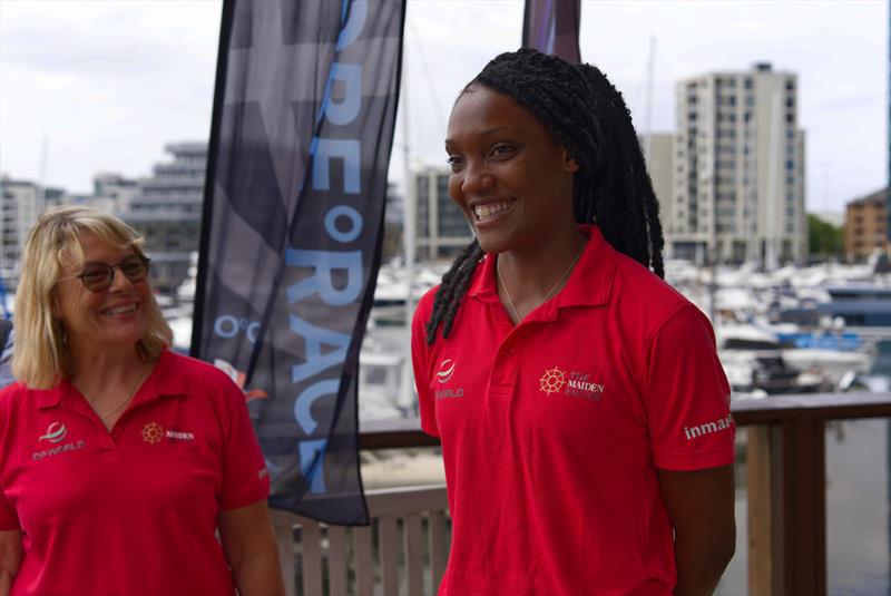 At the Press Conference, Youth crew member Junella King 22 who was selected to sail onboard Maiden from the Antigua Sailing Academy and team manager Marie-Claude Heys explained Maiden's mission to empower young girls - photo © Rob Havill / OGR2023
