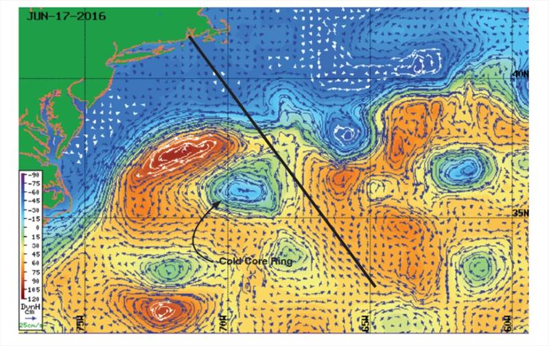 Figure 3 JUNE 17, 2016—A stationary cold-core ring south of the Gulf Stream sits just west of the rhumb line to Bermuda on the day of the start. - photo © W. Frank Bohlen