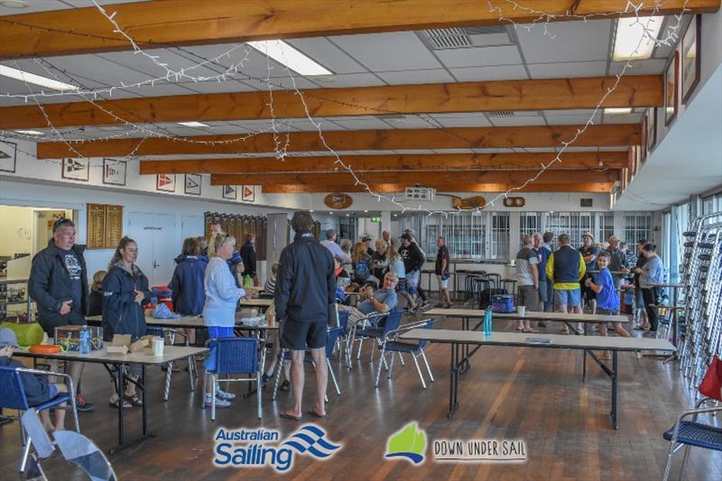 Sailors, parents and coaches filled the club to await the decision on Sunday's racing photo copyright Harry Fisher taken at Largs Bay Sailing Club