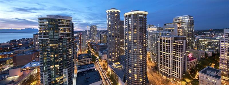 Sunset in Seattle featuring the Westin Hotel Seattle and the Monorail - Clipper 2017-18 Race photo copyright Clipper Race taken at 