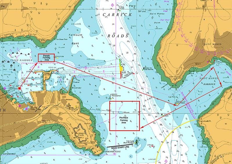 Route for the  Suhaili 50 Falmouth Parade of Sail around Falmouth Harbour led by Sir Robin Knox-Johnston on Thursday June 14 2018 photo copyright Falmouth Harbour Commissioners / PPL taken at 