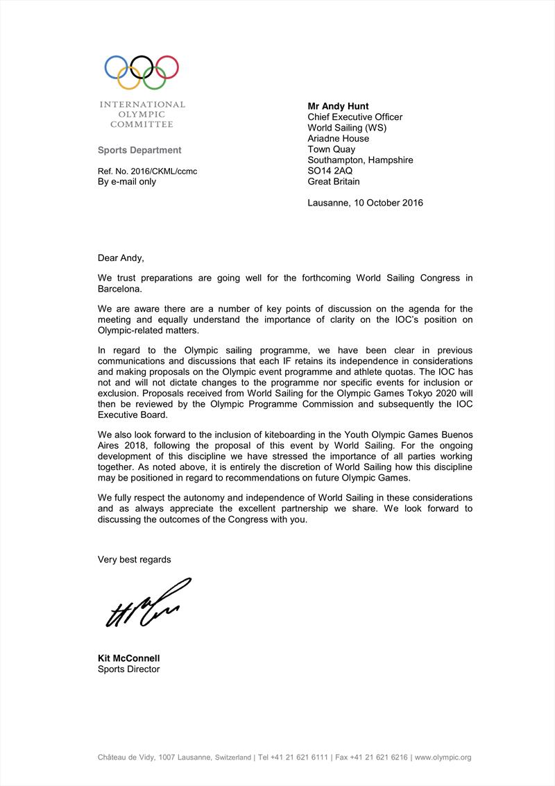Letter from the Int Olympic Committee making their position clear on 2024 Olympic Events - and circulated to WS Council members prior to the November 2016 Annual Meeting photo copyright Sail-World.com/nz taken at 