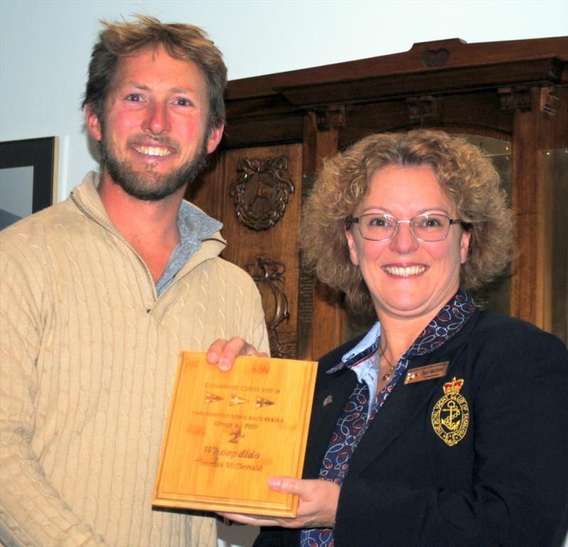 Leading Division 2 of Short-Handed Series after penultimate Race 4 is DSS sailor Tom McDonald and his crew of Whoopdido, shown here receiving a trophy at the recent Combined Clubs summer pennants from Royal Yacht Club of Tasmania Commodore Tracey Matthews photo copyright Peter Campbell taken at Derwent Sailing Squadron