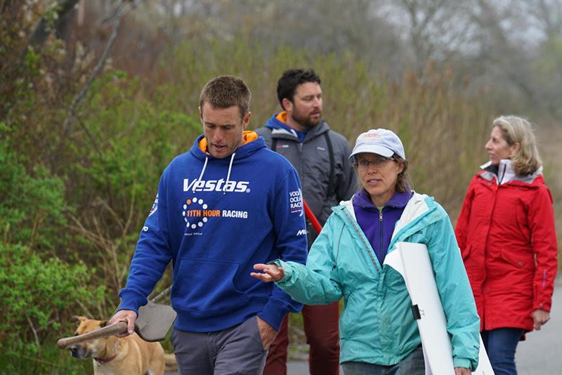 Nick Dana, boat captain of Vestas 11th Hour Racing and Newport local, speaks with Wenley Ferguson, Director of Habitat Restoration at Save The Bay as they walk down Hazard Road to learn about the restoration of the Gooseneck Cove Marsh, Newport, RI. - photo © Damian Foxall / Vestas 11th Hour Racing