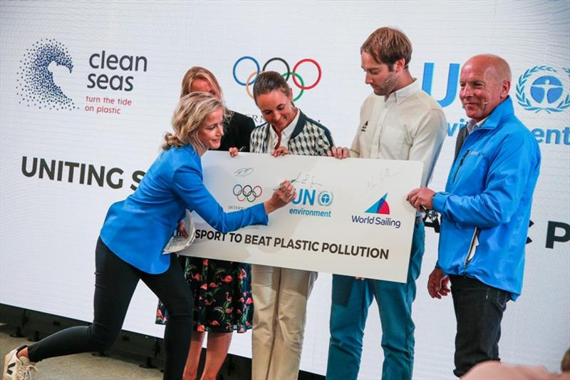 Anne-Cécile Turner, VOR Sustainability Programme Leader, Dan Reading, Sustainability Programme Manager, World Sailing, Lisa Svensson, Director for Ocean, UN Environment, Mike Golding OBE, World Sailing Sustainability Commission Chairman. Cardiff stopover. - photo © Jesus Renedo / Volvo Ocean Race