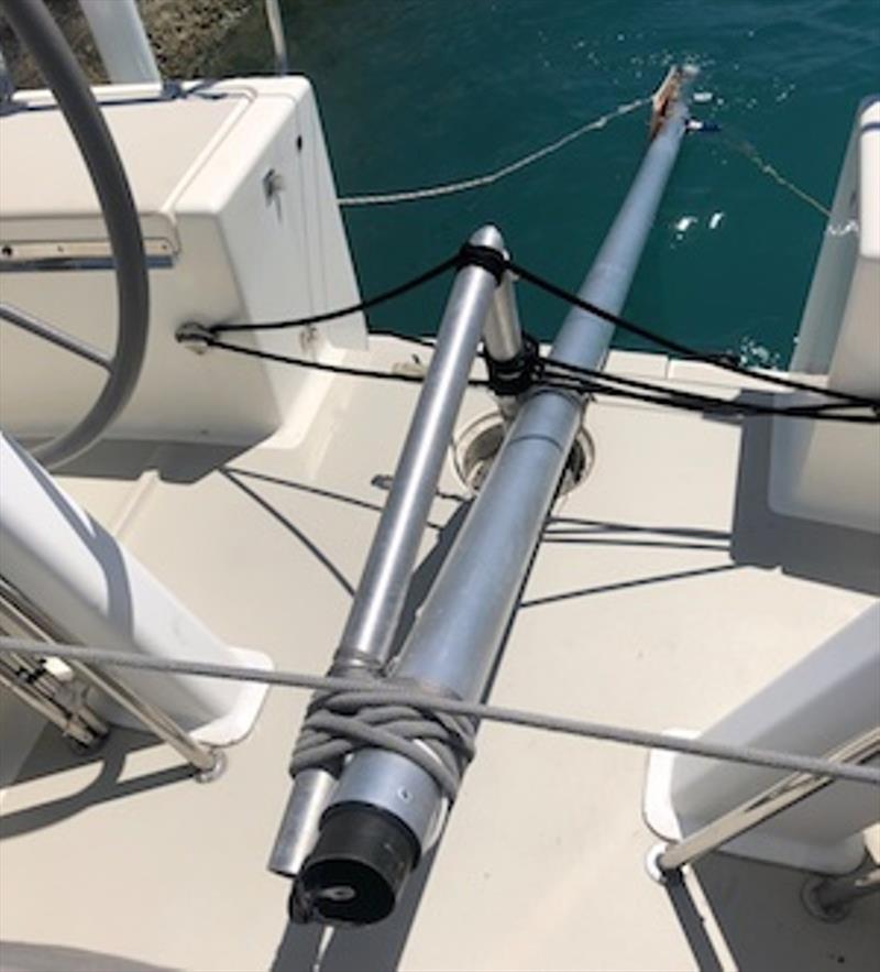 The emergency tiller provided a pivot point for the pole. The control lines in the foreground were led to outboard sheet winches photo copyright Bailiwick / Chris Museler taken at 