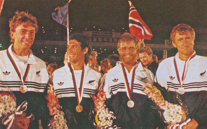 John Cutler, Bruce Kendall, Chris Timms, Rex Sellers - 1988 Olympic medalists photo copyright Ivor Wilkins, NZ Yachting magazine taken at 