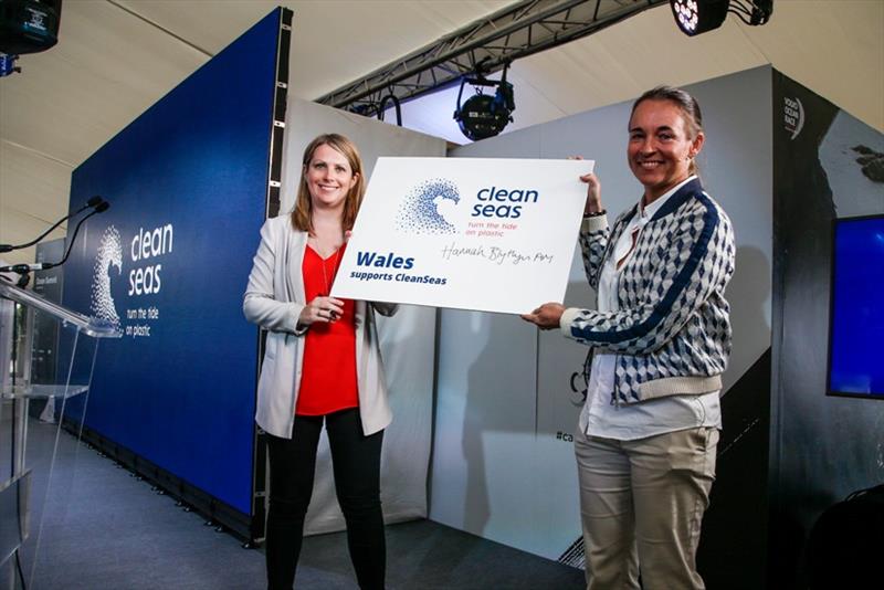 Hannah Blythyn AM, Minister for Environment, Welsh Government, Anne-Cécile Turner, Sustainability Programme Leader, Volvo Ocean Race. Cardiff stopover. Ocean Summit. 05 June, 2018 photo copyright Jesus Renedo / Volvo Ocean Race taken at 