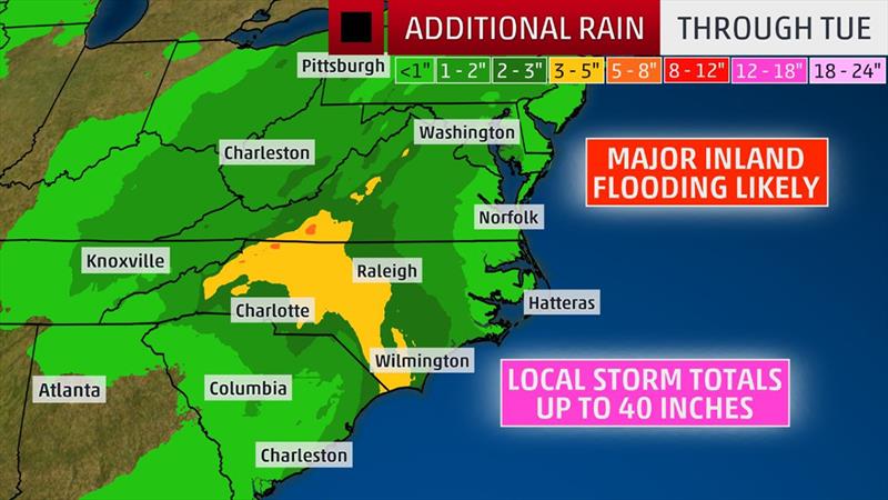 Florence Rainfall Outlook (This should be interpreted as a broad outlook of where the heaviest rain may fall and may shift based on the forecast path. Extreme amounts may occur where bands of rain stall over a period of several hours.) photo copyright weather.com taken at 