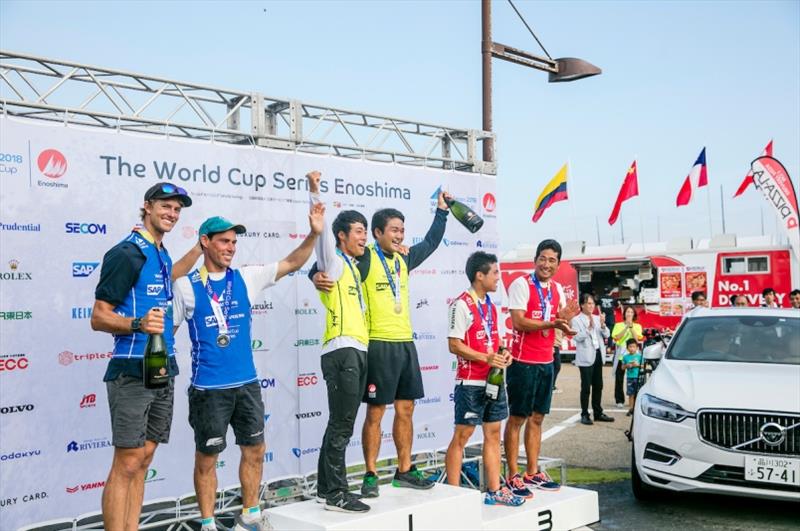 Daichi Takayama and Kimihiko Imamura (JPN), Keiju Okada and Jumpei Hokazono (JPN), Mathew Belcher and William Ryan (AUS) photo copyright Jesus Renedo / Sailing Energy / World Sailing taken at 