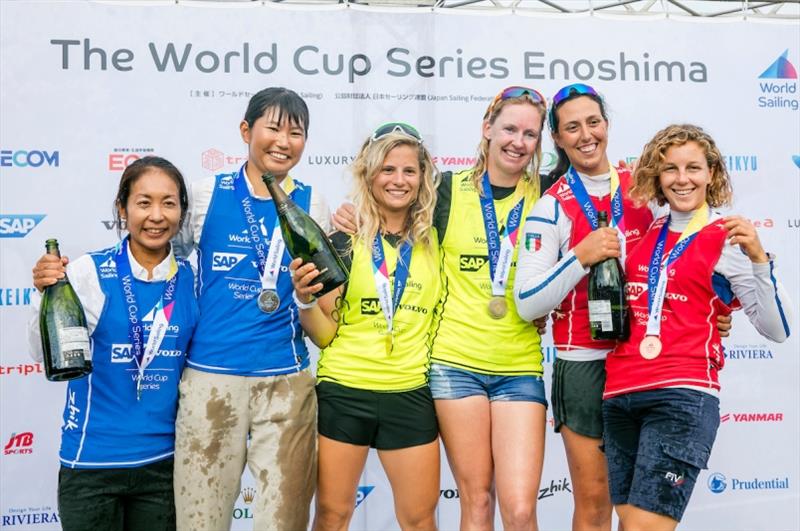 Benedetta di Salle and Alessandra Dubbini (ITA), Ai Kondo Yoshida and Miho Yoshioka (JPN), Afrodite Kyranakou and Anneloes van Veen (NED) photo copyright Jesus Renedo / Sailing Energy / World Sailing taken at 