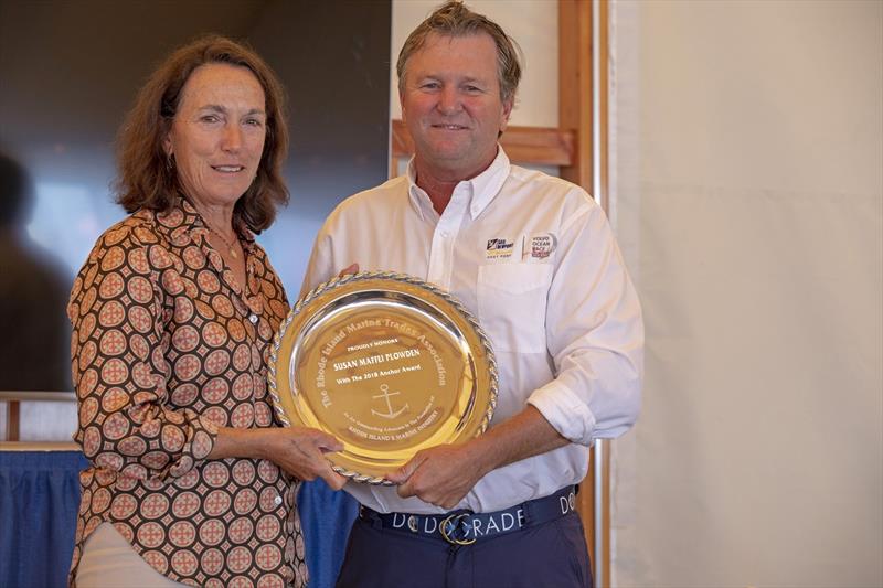 Brad Read, Executive Director of Sail Newport, presents the Anchor Award to Susan Maffei Plowden, who was stopover director of the 2017/18 Volvo Ocean Race Newport photo copyright Billy Black taken at 