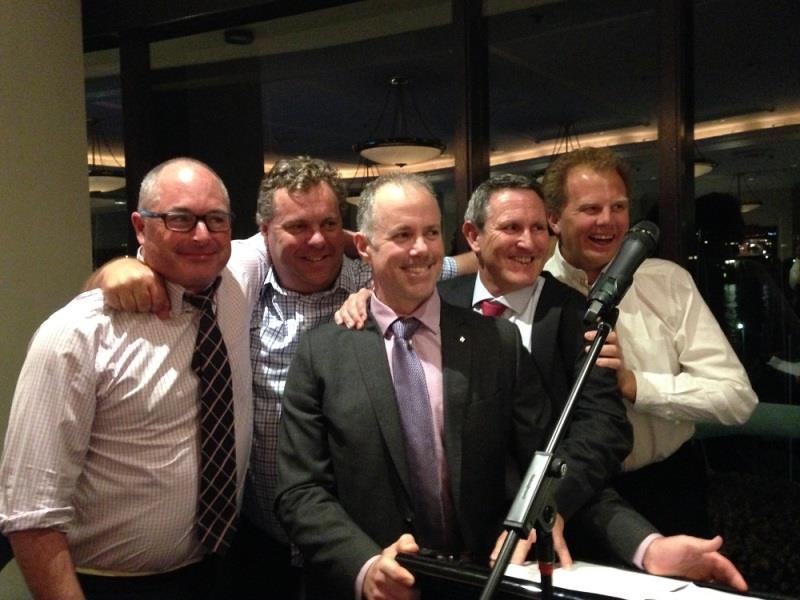 Sword of Orion crew Nigel Russell, Adam Brown, Andrew Parkes, Sam Hunt with rescuer Commander Marc Pavillard RAN (centre) photo copyright Di Pearson taken at Royal Sydney Yacht Squadron