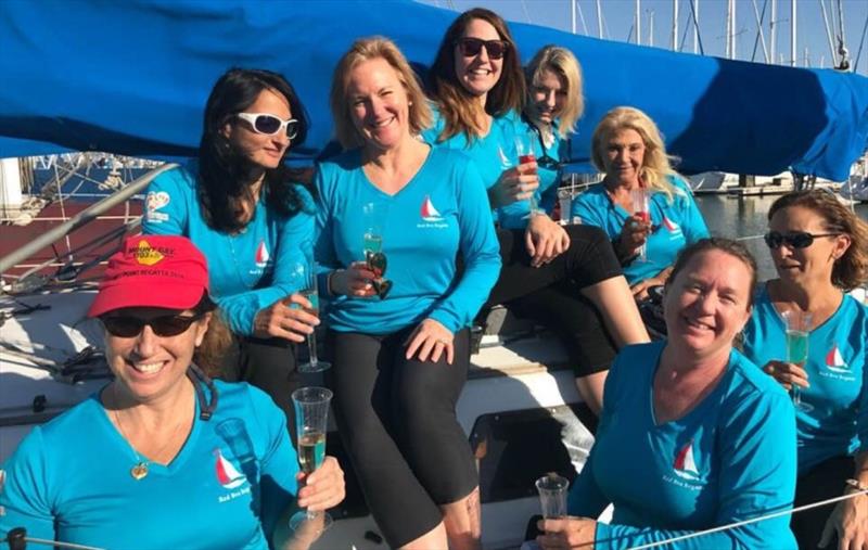 Après race celebrations begin! Team Squirrel, on the cabin top, left to right, Graziella Solinas, Karen Clarkson-Colombo, Collette Meyers, Elizabeth Little, & Joan Byrne, on lower rail: Lisa Anderson, Angie Liebert, & Mara Guttman - 2018 Red Bra Regatta photo copyright Joan Byrne taken at South Beach Yacht Club