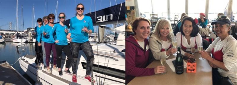 Left, Team Boudicca Lisa Caswell, Cathy Moyer, Petra Gilmore, Jenna Recupero; Right, Iseult crew: Phaedra Fisher, Patricia Corcoran, Yuning Pathman, Fernanda Castelo. Iseult was on loan from Larry Mayne, Sequoia YC Staff Com - 2018 Red Bra Regatta - photo © Kara Hugglestone / Sail Couture