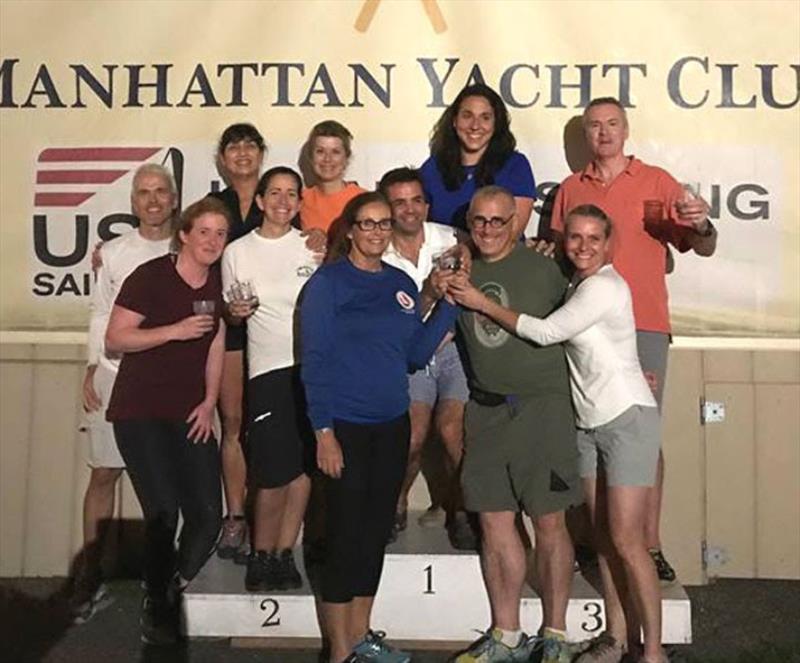 (L to R): Joe Just, Katherine Whitby, Danielle Gallo, Nadine Stephens, Jen Taylor, Katie Morgan, Robert Arone, Andera Sengara, Guest, Dan Crabbe and Linda Kaiser - J/24 Racing at Manhattan Yacht Club photo copyright Manhattan Yacht Club taken at Manhattan Yacht Club