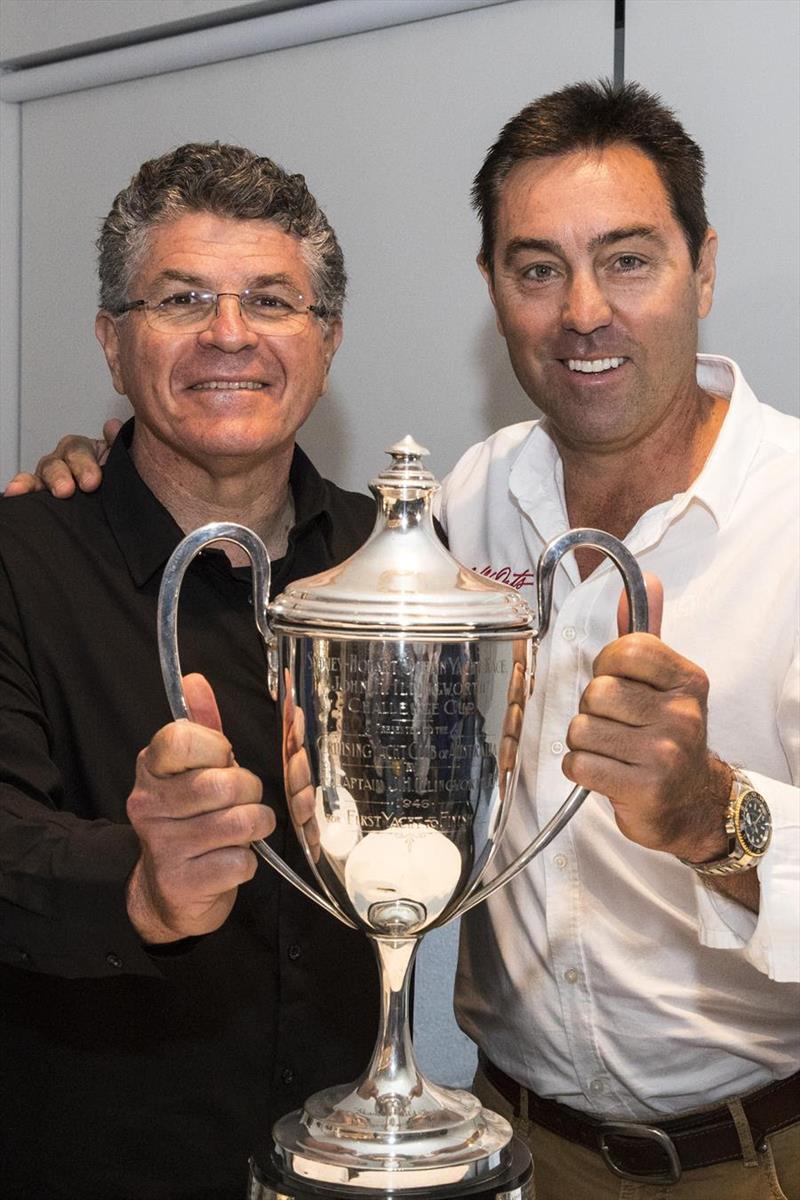 Jim Cooney (Comanche) and Mark Richards (Wild Oats XI) with the John H. Illingworth Challenge Cup for Rolex Sydney Hobart Line Honours photo copyright Andrea Francolini taken at Cruising Yacht Club of Australia