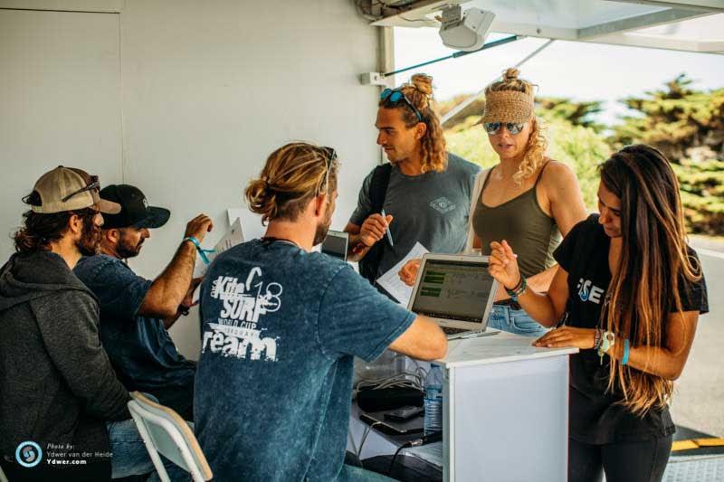 Jalou Langeree rocking up at morning registration alongside Roderick Pijls and Charlotte Carpentier - GKA Kite-Surf World Tour Torquay - Day 1 - photo © Ydwer van der Heide