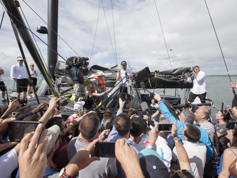 Alex Thomson (Hugo Boss) talking with media on arrival in Guadeloupe. - photo © Alexis Courcoux