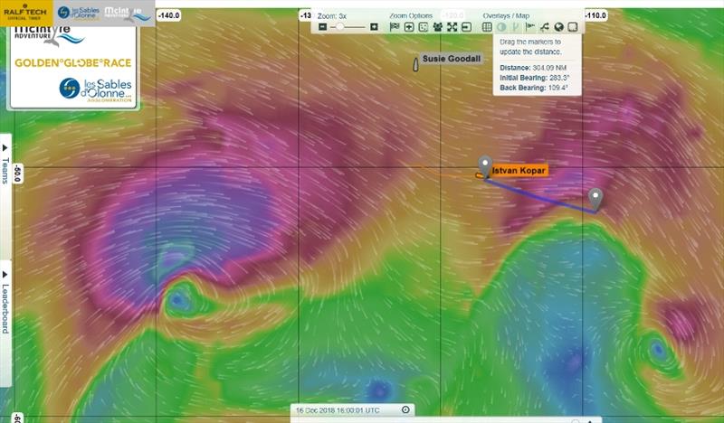 Picture shows Istvan Kopar's current position but the weather forecast for 19th DEC overlaid showing a big storm scheduled to move across fast from the west photo copyright Golden Globe Race taken at 