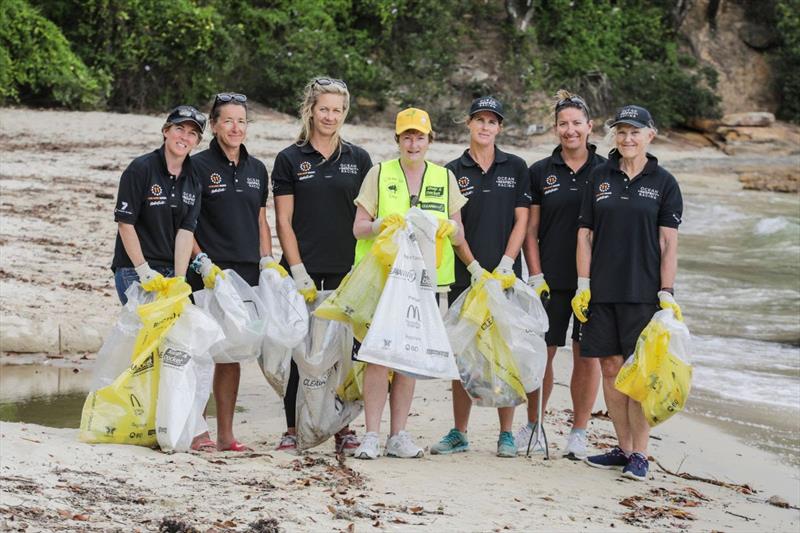 The crew, joined by Clean Up Australia, gathered on Whiting Beach in Sydney Harbor. L-R: Libby Greenhalgh, Sarah Wilmot, Sophie Ciszek, Terrie-Ann Johnson (Managing Director and CEO of Clean Up Australia), Stacey Jackson, Dee Caffari, and Vanessa Dudley. - photo © Salty Dingo / Ocean Respect Racing