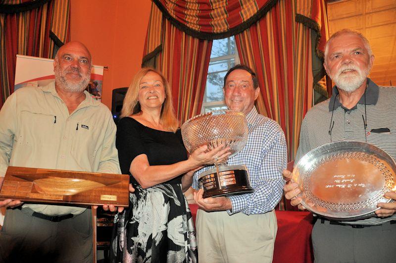 Ivan Shamley holds the Waterman plaque (overall winner), Governor Lisa Honan presents the Governors Cup to John Levin (skipper of Indabo), and Ken Bosenberg holds an engraved platter awarded to those who help make the race a triumphant achievement photo copyright Vince Thompson taken at 