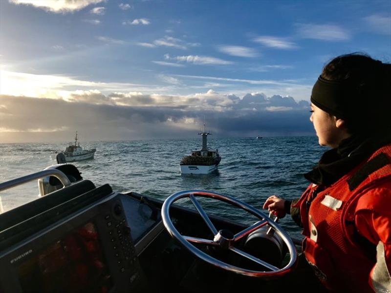 A crew aboard 52-foot Motor Life Boat Invincible II from Coast Guard Station Grays Harbor prepares to tow a disabled vessel while a second Station Grays Harbor boat crew aboard a 47-foot Motor Life Boat standby near Grays Harbor, Washington, Jan. 7, 2019 photo copyright U.S. Coast Guard / Station Grays Harbor taken at 