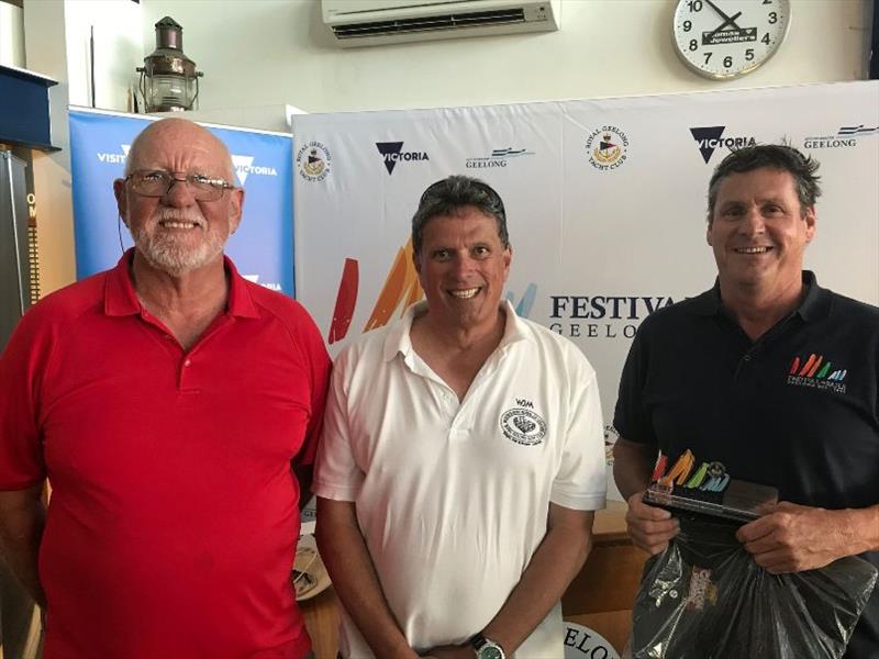 Winner of the Cadel Evans challenge trophy Dave Ruffin - boat Kavala - with Commodore John Kint and Club Captain Roger Bennett photo copyright Event Media taken at Royal Geelong Yacht Club