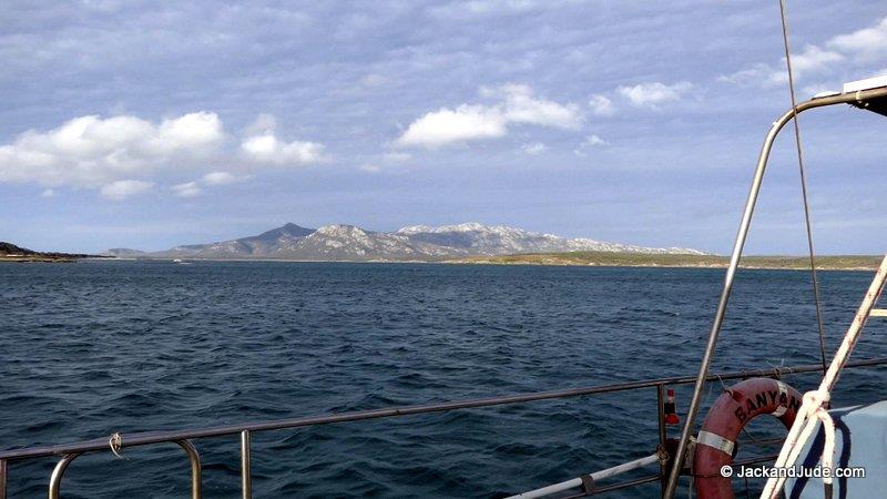 To north, Mount Kerford on Cape Barren Island filled our view. The low green Passage Island on right - photo © Jack and Jude