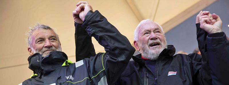 Sir Robin Knox-Johnston congratulates Golden Globe Race winner Jean-Luc Van Den Heede - photo © Clipper Race