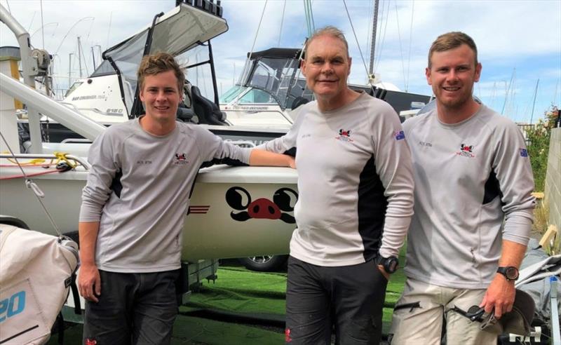 Tasmanian SB20 champion crew, from left, Elliott Noye (helm),  Paul McCartney, owner (main) and Edward Snowball (bow) photo copyright Jane Austin taken at Bellerive Yacht Club