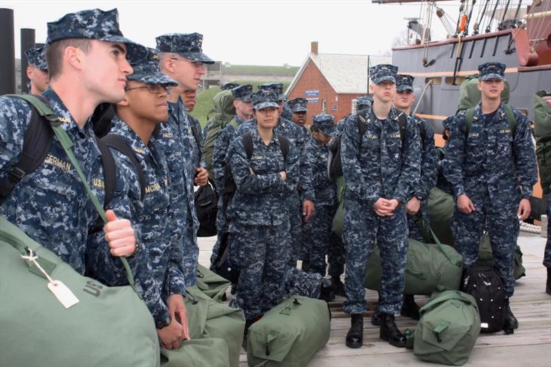 Midshipman Candidates from the Naval Academy Prep School in Newport prepare to board the ship in 2018 - photo © OHPRI