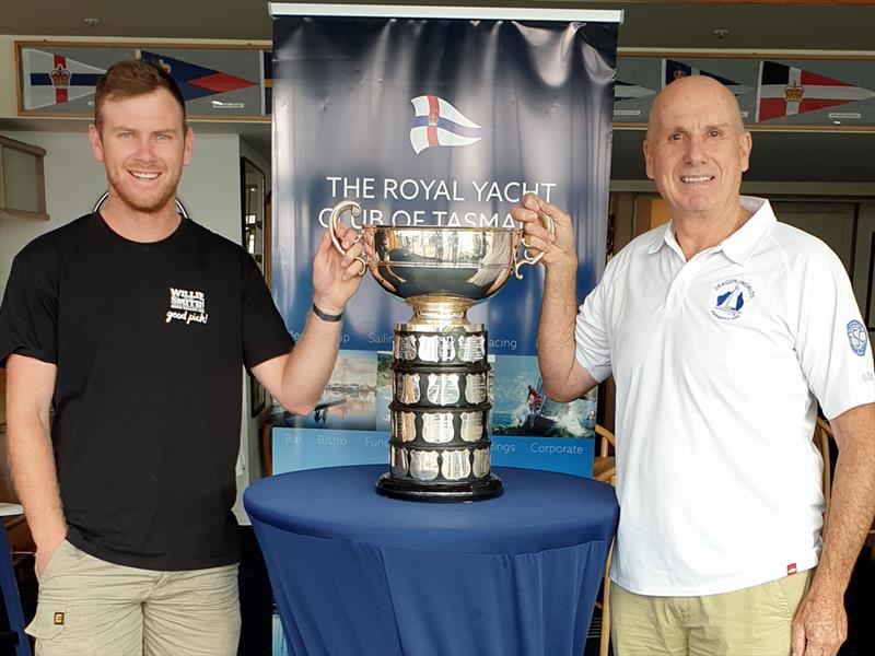 Facing up for Sayonara Cup Defender Trials on Saturday, 23 February, Elliott Noye (left) and Nick Rogers with the famous trophy at the Royal Yacht of Tasmania photo copyright Penny Conacher taken at Royal Yacht Club of Tasmania