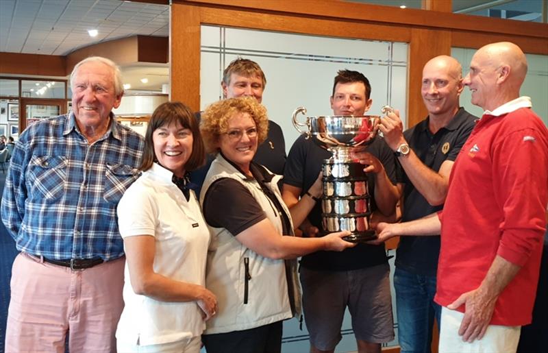 Commodore Tracy Matthews and defending skipper Nick Rogers hand over the Sayonara Cup to the winning Royal Sydney Yacht Squadron team photo copyright Penny Conacher taken at 