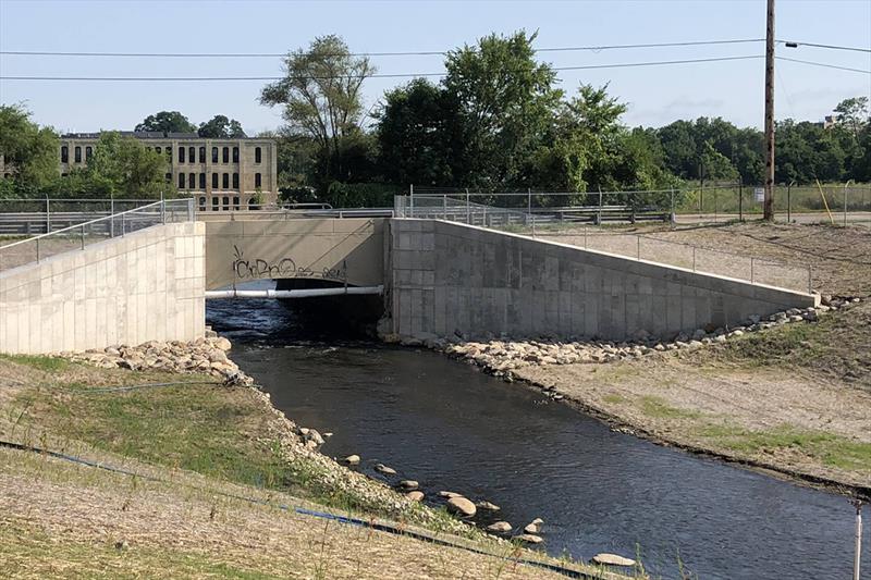 Looking downstream at some of the creek's recently restored river habitat and a refurbished bridge, also a part of the project. - photo © NOAA Fisheries