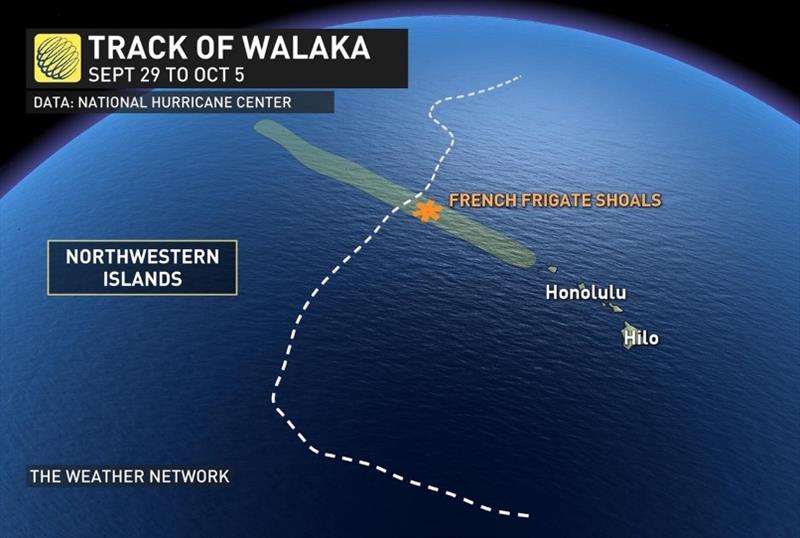 The path of Hurricane Walaka and proximity to French Frigate Shoals, the nesting location for 96% of Hawaiian green sea turtles photo copyright The Weather Network taken at 