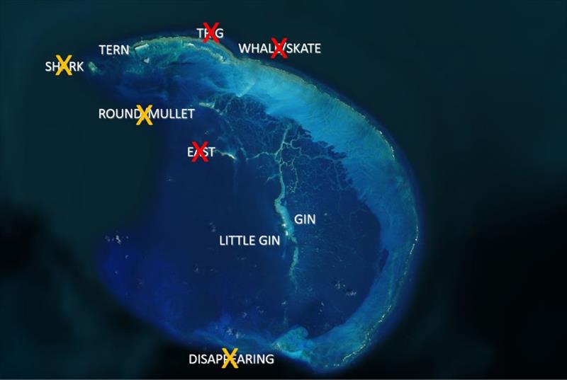 Map of French Frigate Shoals atoll. The red Xs are over islands that have completely eroded away from different causes between 1990-2018 and have not yet reappeared. Yellow Xs represent islands that are naturally highly dynamic and come and go each season photo copyright NOAA Fisheries taken at 