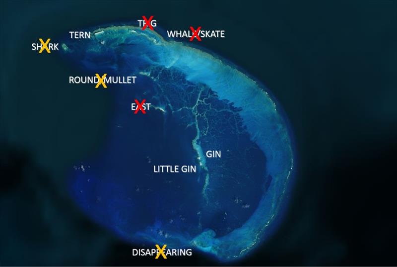 Map of French Frigate Shoals atoll. The red Xs are over islands that have completely eroded away from different causes between 1990-2018 and have not yet reappeared. Yellow Xs represent islands that are naturally highly dynamic and come and go each season photo copyright NOAA Fisheries taken at 