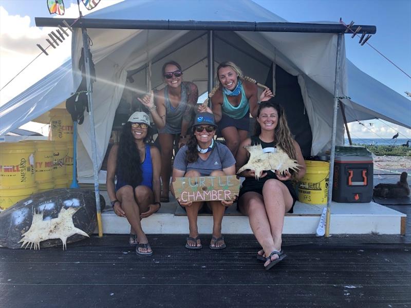 Field researchers from sea turtle nesting seasons - Lindsey Bull & Alex Reininger (top) - helped field researchers Leah Kerschner, Marylou Staman (third season as research lead), & Christina Coppenrath (bottom) set up camp & begin initial data collection - photo © NOAA Fisheries / Lindsey Bull