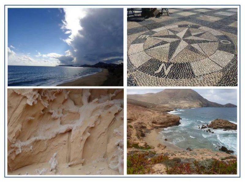 The long beach at Porto Santo. Mosaic paving in the pedestrian plaza. One of the many seaside trails on Santos along which we saw many examples of intricate sandstone erosion. - photo © Rod Morris